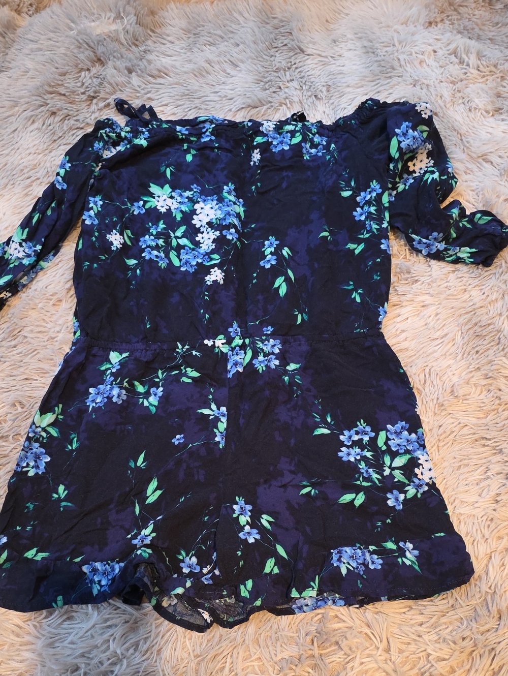 The Children's Place Navy Floral Off-Shoulder Romper with Blue & Green Flowers - Picture 1 of 5